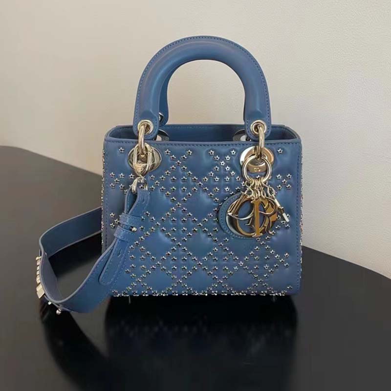Dior Women CD Mini Lady Dior Bag Denim Blue Lucky Star Cannage Lambskin