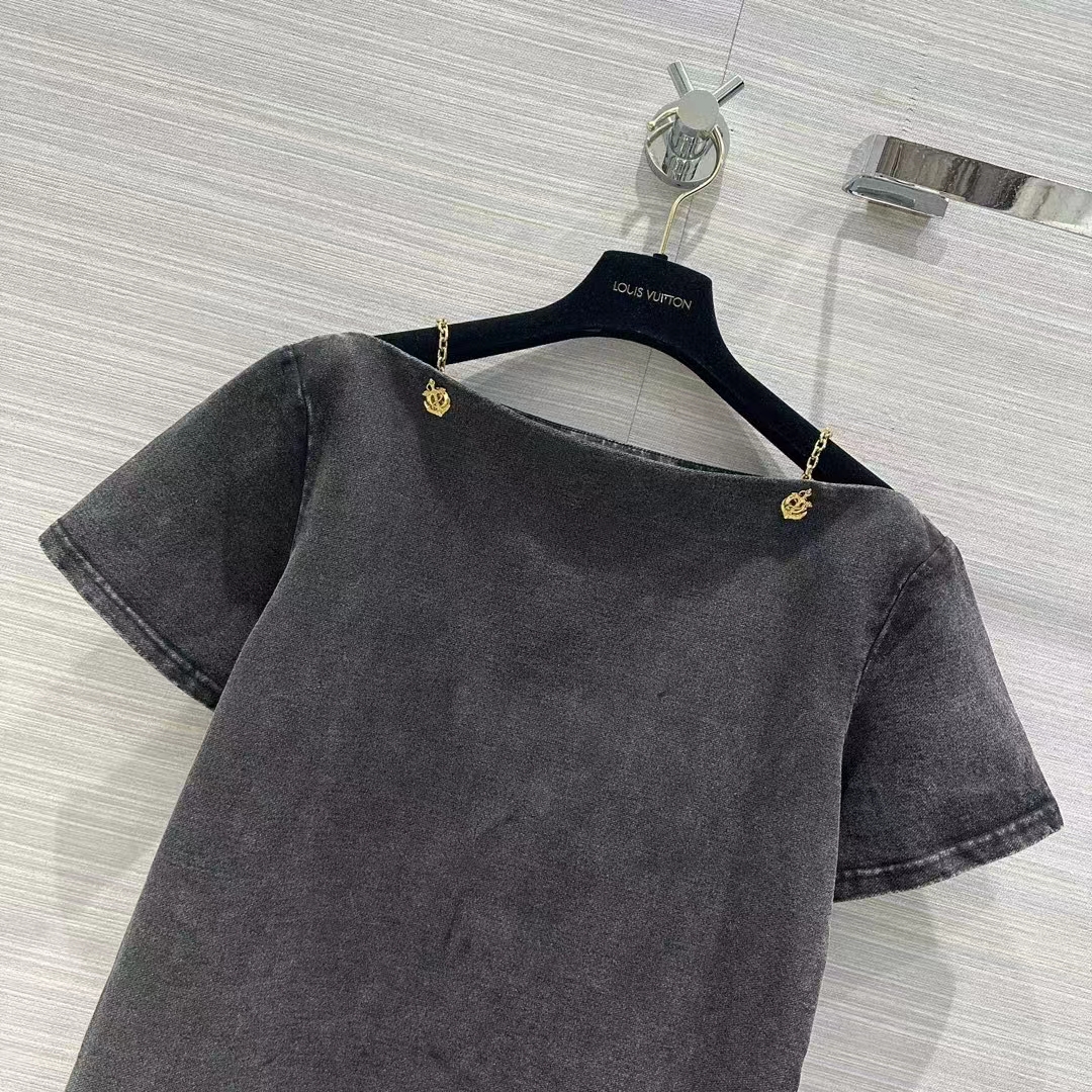 Louis Vuitton LV Women Bateau Neck T-Shirt Cotton Metal Grey Regular Fit