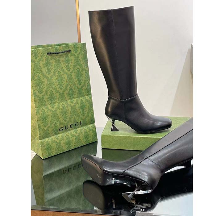 Gucci Women GG Boot Black Leather Geometric Heel Metal Inserts Mid-Heel