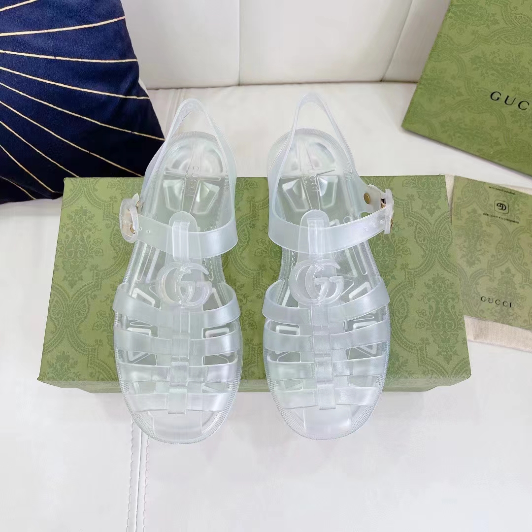 Gucci Unisex GG Sandal Double G Transparent Rubber Sole Ankle Buckle Closure Flat