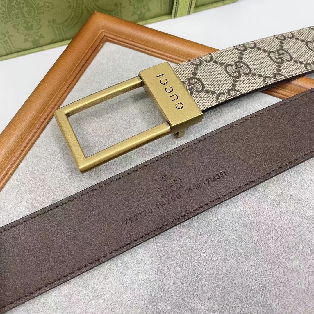 Gucci Unisex Belt Rectangular Buckle Beige Ebony GG Supreme Canvas 3.6 CM Width