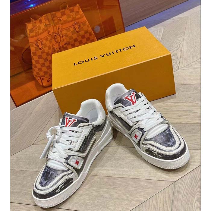 Louis Vuitton LV Unisex Trainer Sneaker Black Printed Calf Leather Rubber Outsole Monogram Flowers