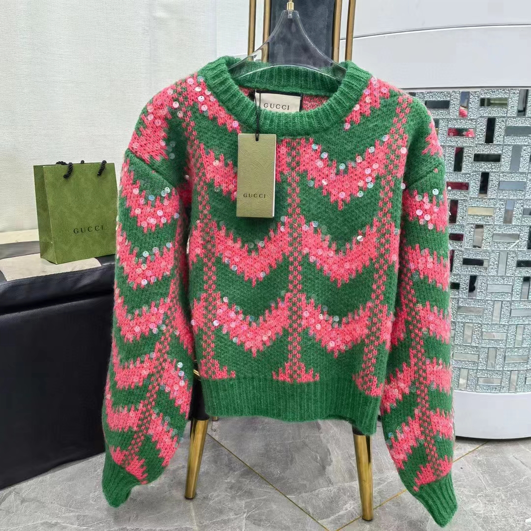 Gucci Women GG Chevron Wool Sequin Sweater Crewneck Mohair Polyamide Puffed Sleeves
