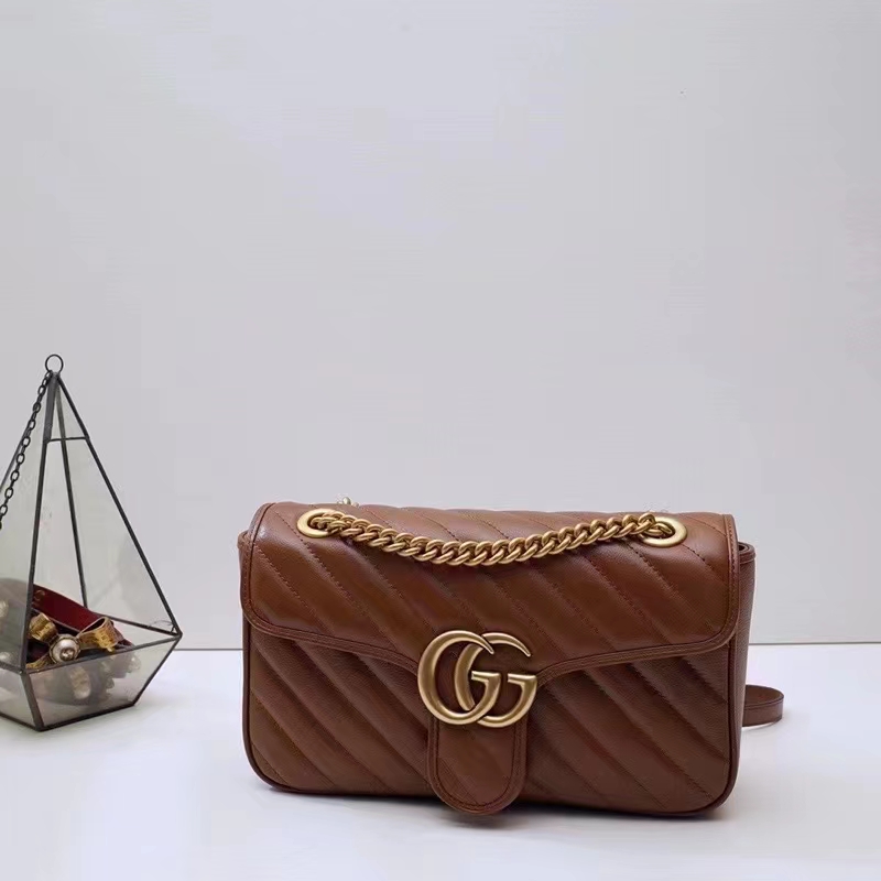Gucci Women GG Marmont Small Matelassé Shoulder Bag Brown Leather