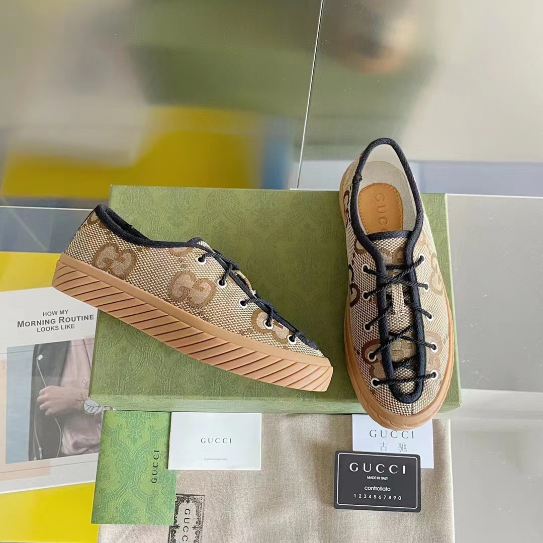Gucci Unisex Maxi GG Sneaker Camel Ebony Canvas Rubber Sole Flat