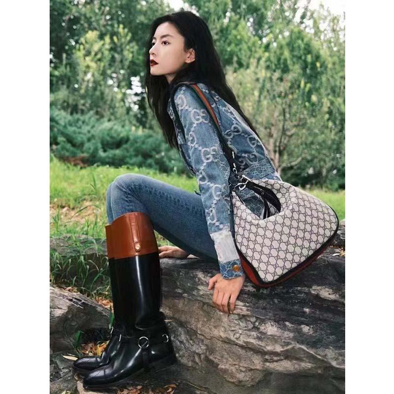 Gucci Women GG Attache Large Shoulder Bag Beige Blue GG Supreme Canvas