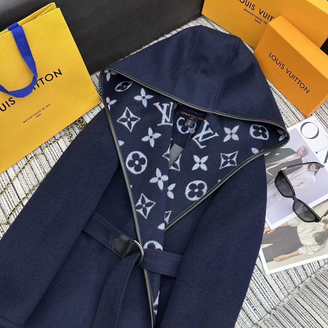 Louis Vuitton LV Women Signature Hooded Wrap Coat Wool Silk Night Blue Regular Fit
