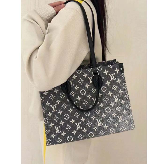 Louis Vuitton LV Women OnTheGo MM Tote Gray Denim Textile Jacquard
