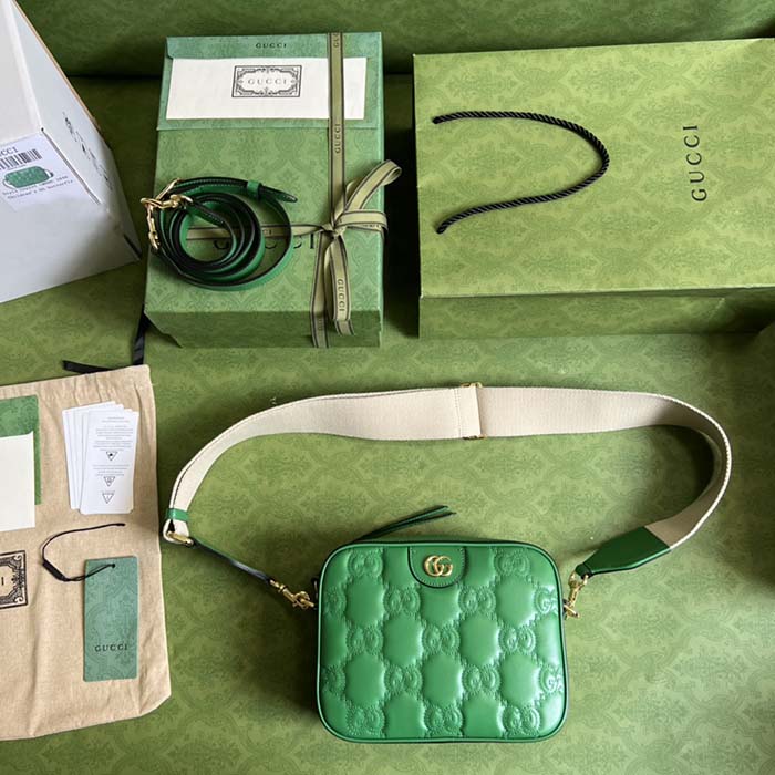 Gucci Women GG Matelassé Leather Small Bag Bright Green Double G Zip Closure