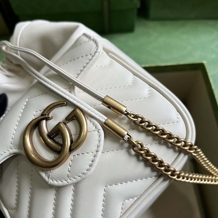 Gucci Women GG Marmont Mini Bucket Bag White Matelassé Chevron Leather Double G