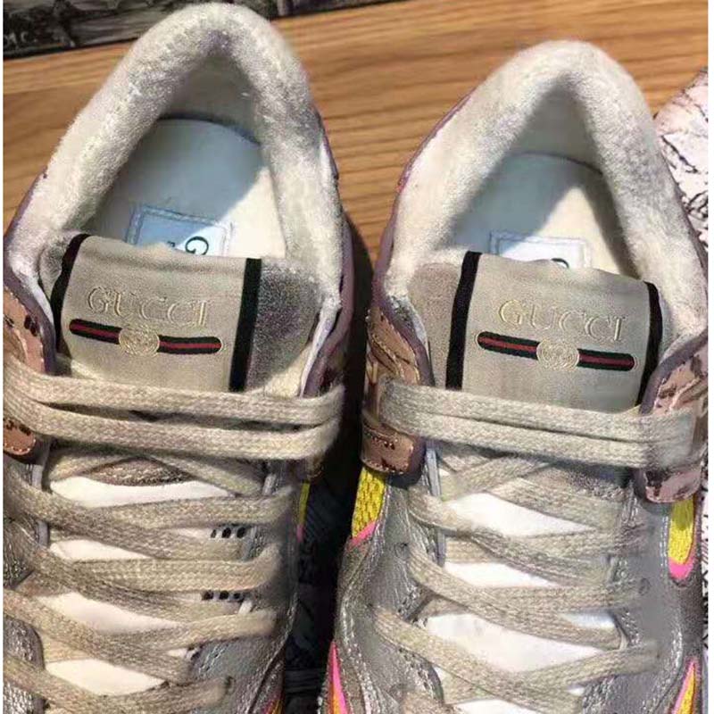 Gucci Unisex Ultrapace Sneaker with Embroidered Gucci and Interlocking G in Metallic Leather-Pink