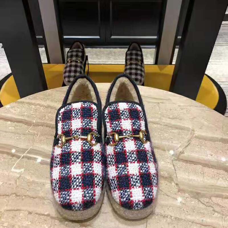 Gucci Unisex GG Check Tweed Loafer in Blue White and Red Check Tweed