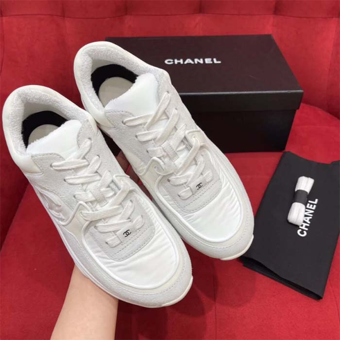 Chanel Women CC Low Top Sneakers Calfskin Suede Leather Triple White