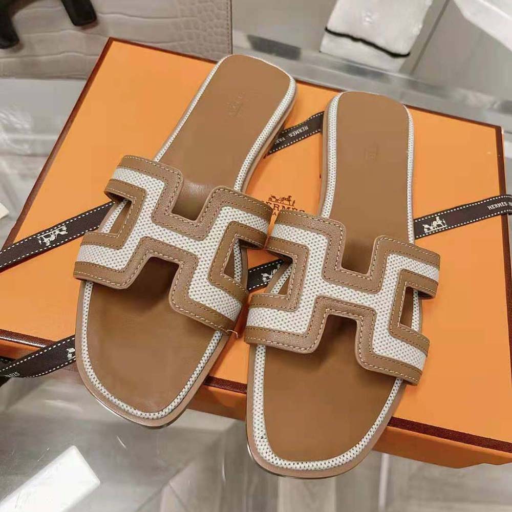 Hermes Women Oran Sandal in Calfskin and H Canvas with Iconic H Cut-Out-Brown