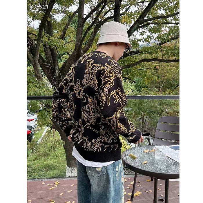 Louis Vuitton Men Monogram Cotton Crewneck Regular Fit Wavy Monogram Jacquard Black