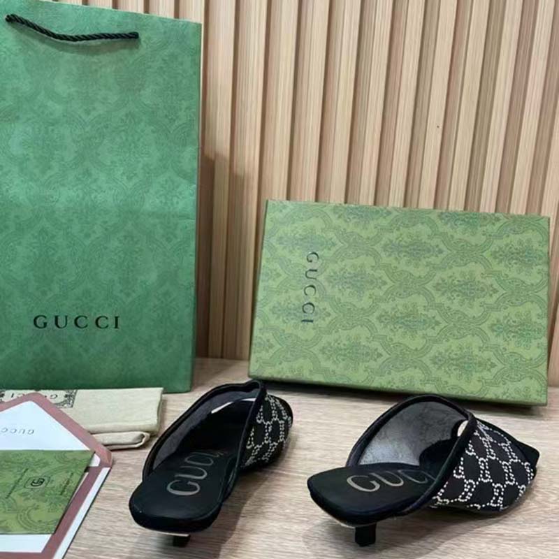 Gucci Women GG Sandal Pump Black Mesh GG Crystals Mid 8 cm Heel