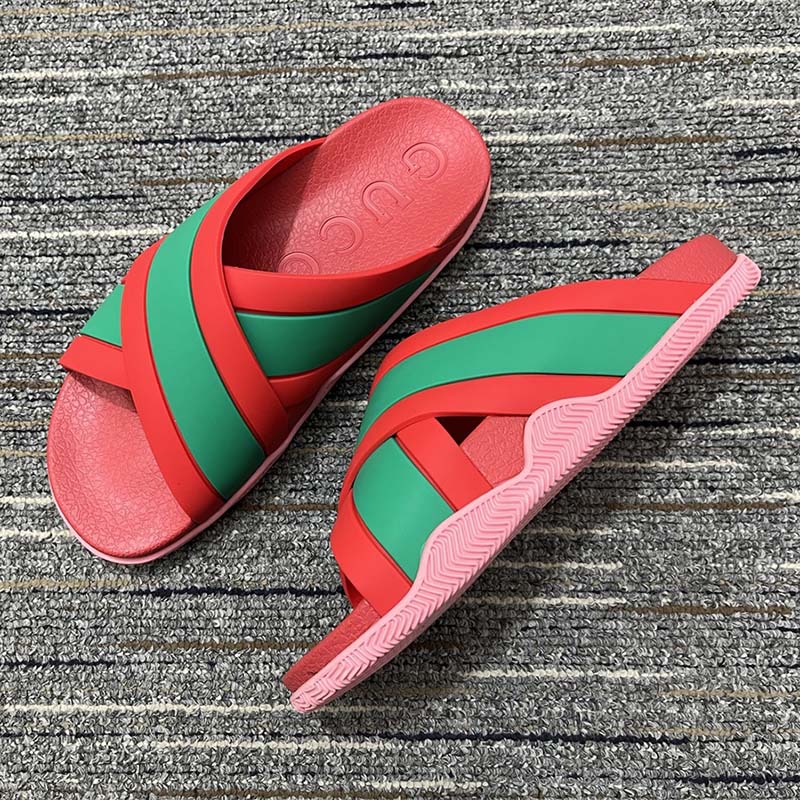 Gucci Women Web Slide Sandal Green Red Rubber Web Straps Rubber Sole Flat