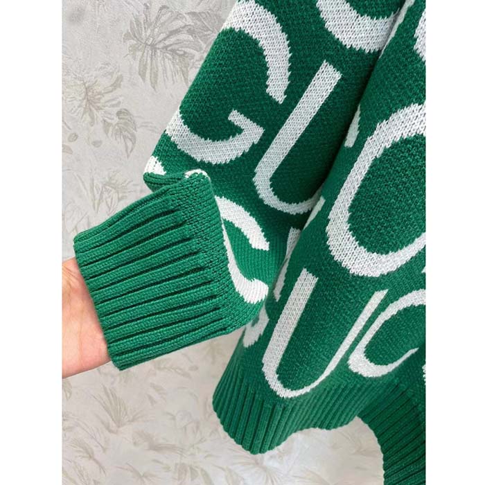Gucci Women GG Wool Sweater Gucci Intarsia Green Crewneck Dropped Shoulder