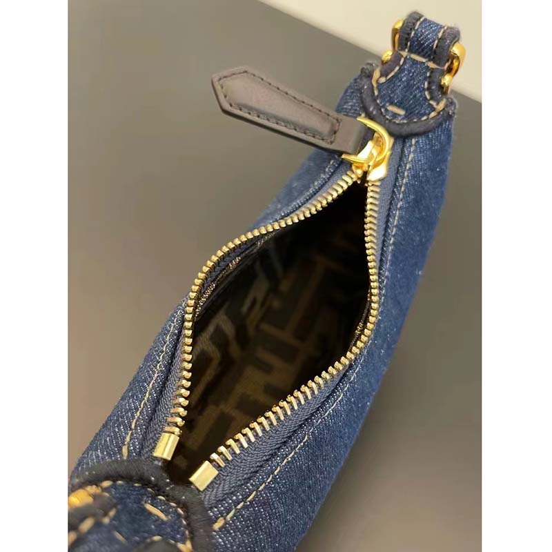 Fendi Women FF Nano Fendigraphy Hobo Bag Blue Denim Charm