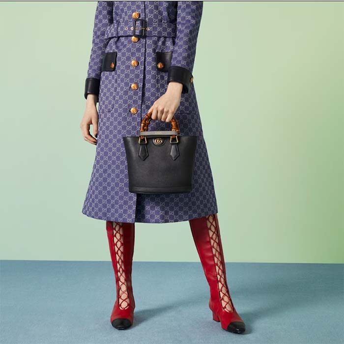 Gucci Women GG Diana Small Tote Bag Black Leather Gold-Toned Hardware Double G