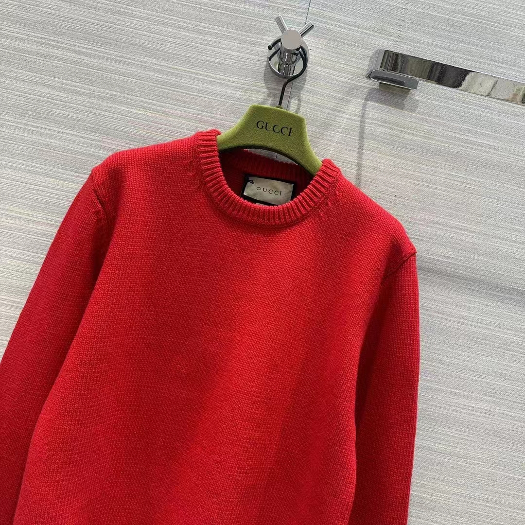 Gucci Women GG Red Wool Top Gucci Intarsia Crewneck Dropped Shoulder Long Sleeves