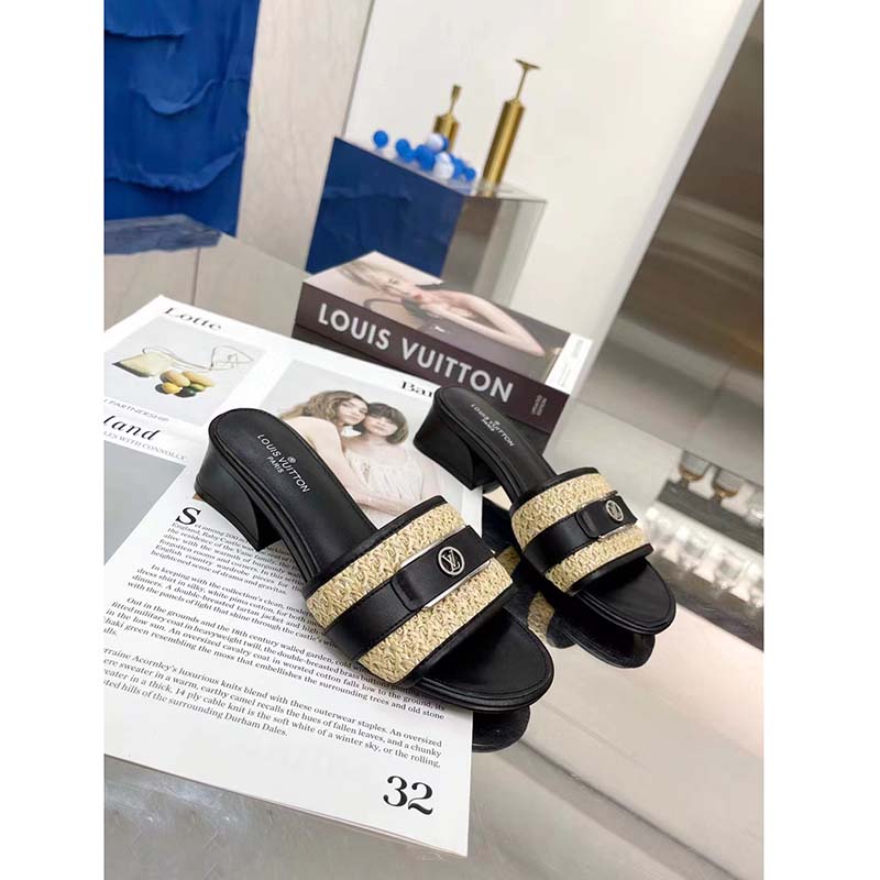 Louis Vuitton LV Women Lock It Mule Black Raffia Calf Leather Circle 3.5 cm Heel