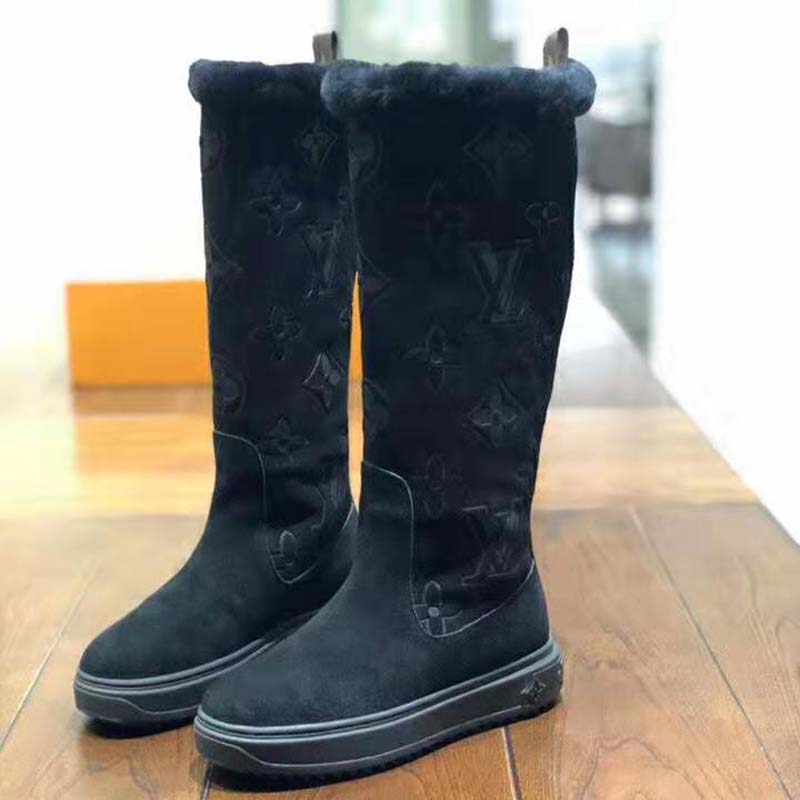 Louis Vuitton LV Women Breezy Half Boot in Black Suede Calf Leather with Monogram Canvas-Black
