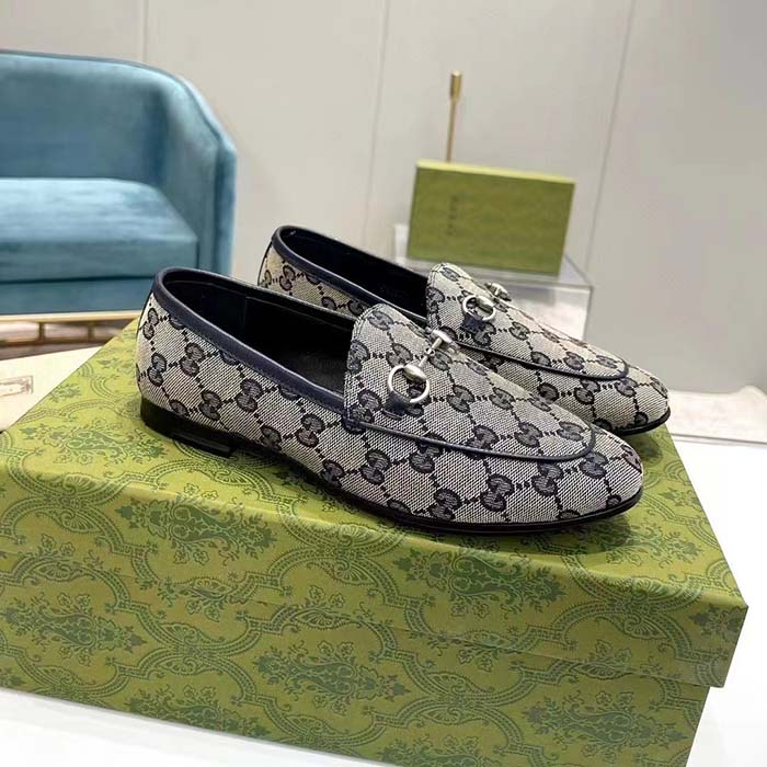 Gucci Unisex Jordaan GG Loafer Beige Blue Original GG Canvas Blue Leather Piping