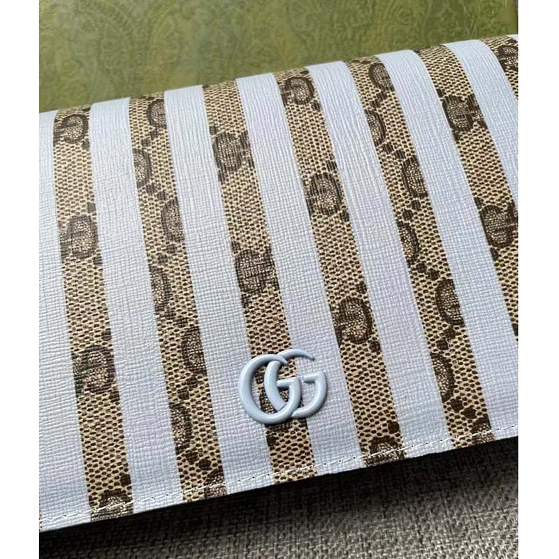 Gucci Women Double G Mini Bag Chain Blue Stripe Print Beige Ebony GG Supreme Canvas