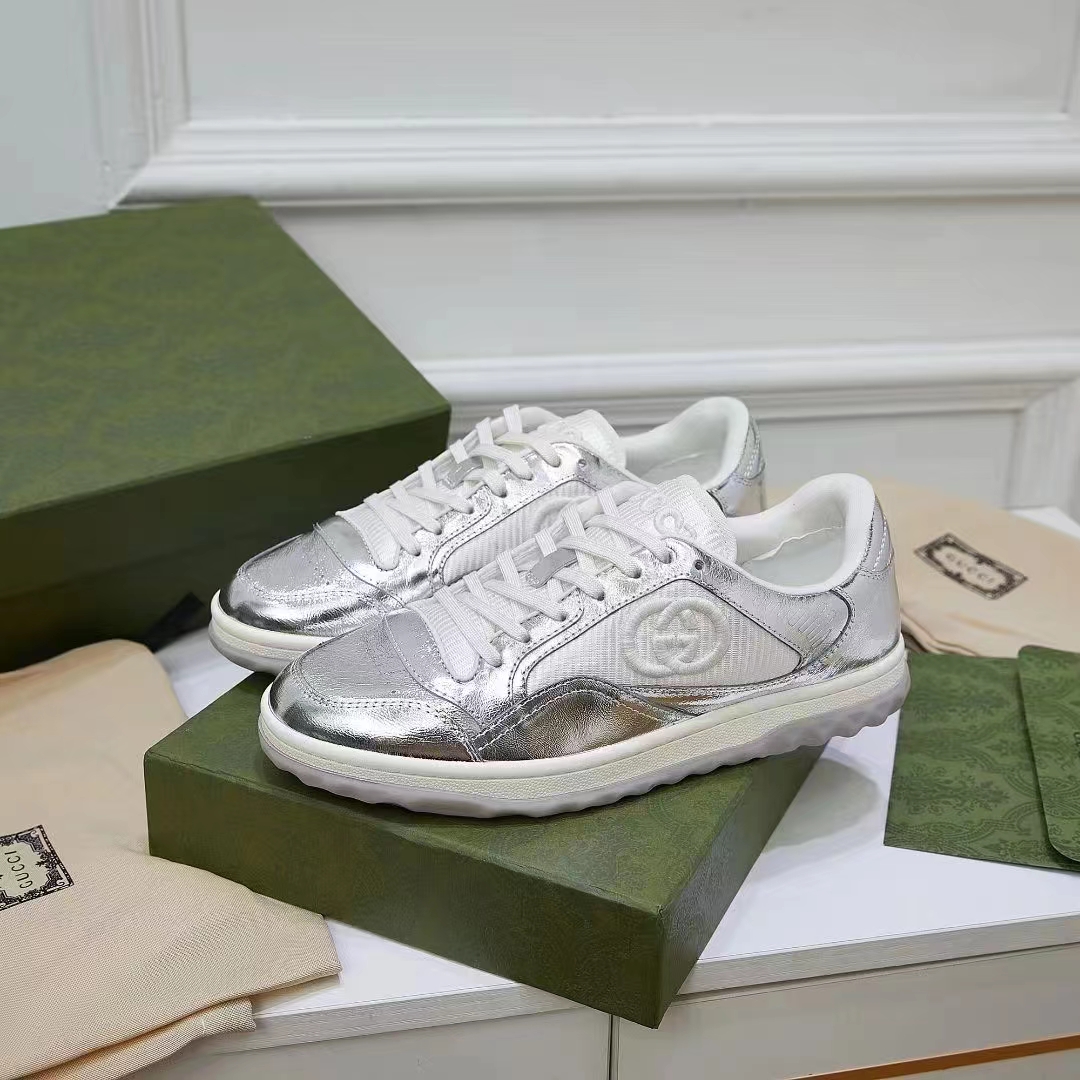 Gucci Unisex GG MAC80 Sneaker Metallic Silver Leather Round Toe Rubber Flat