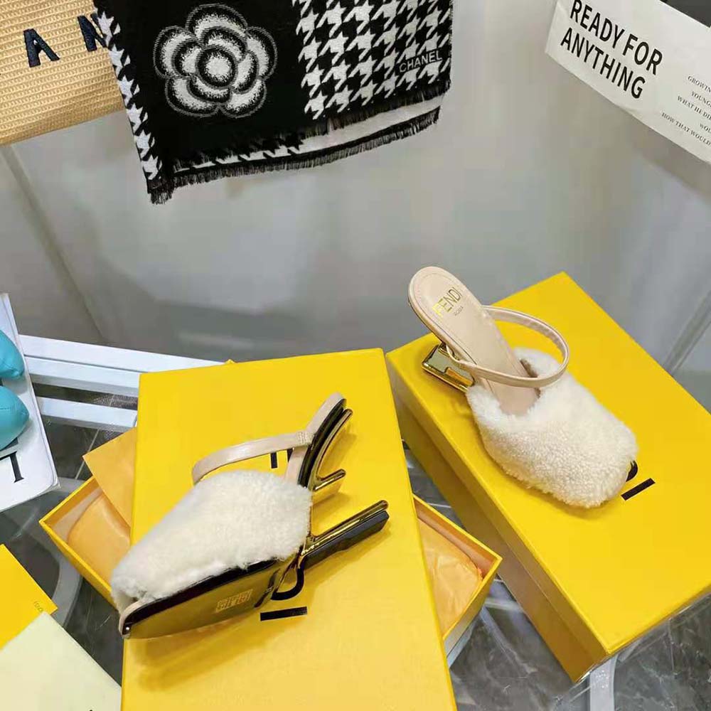 Fendi Women First White Sheepskin High-Heeled Sandals