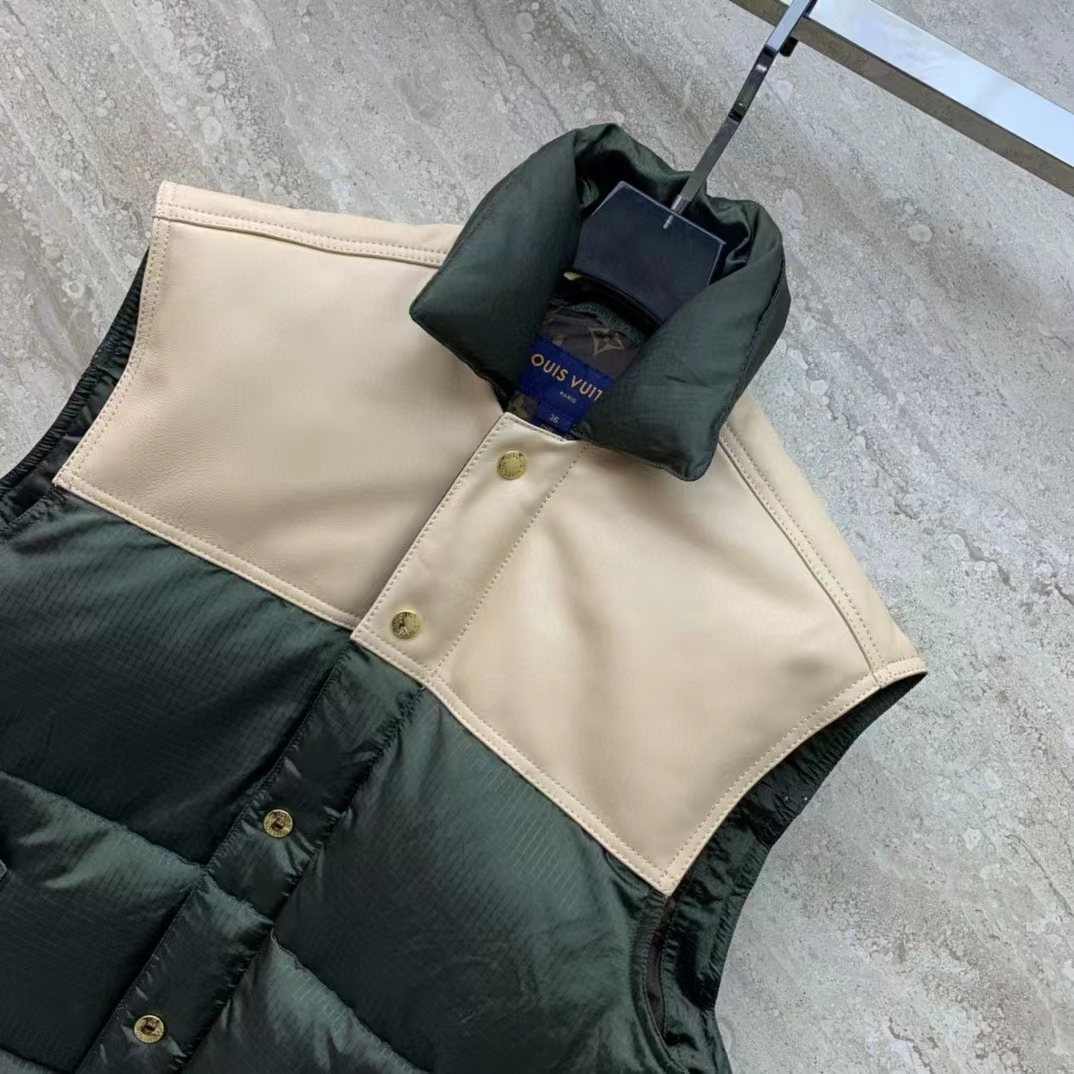 Louis Vuitton LV Men Leather Accent Sleeveless Puffer Jacket Khaki Beige Regular Fit