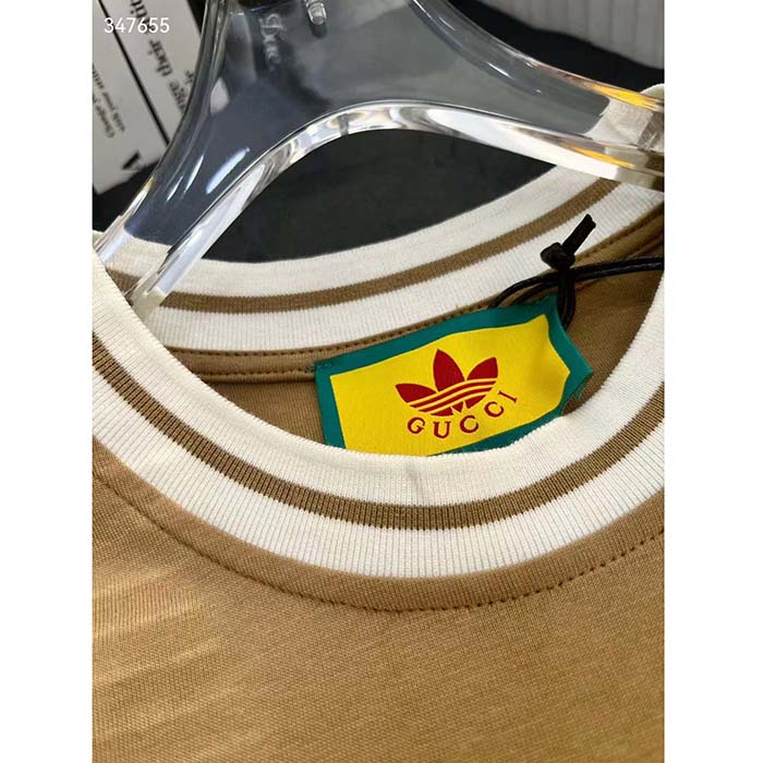 Gucci Women GG Adidas x Gucci Cotton T-Shirt Camel Jersey Trefoil Print Crewneck