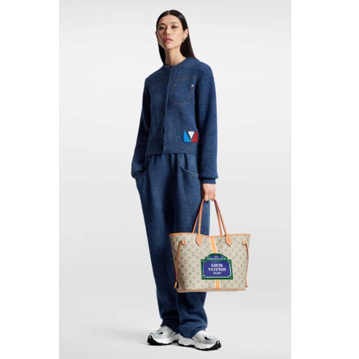 Louis Vuitton LV Unisex Neverfull MM Beige Ocher Monopaname Coated Canvas Cowhide Leather