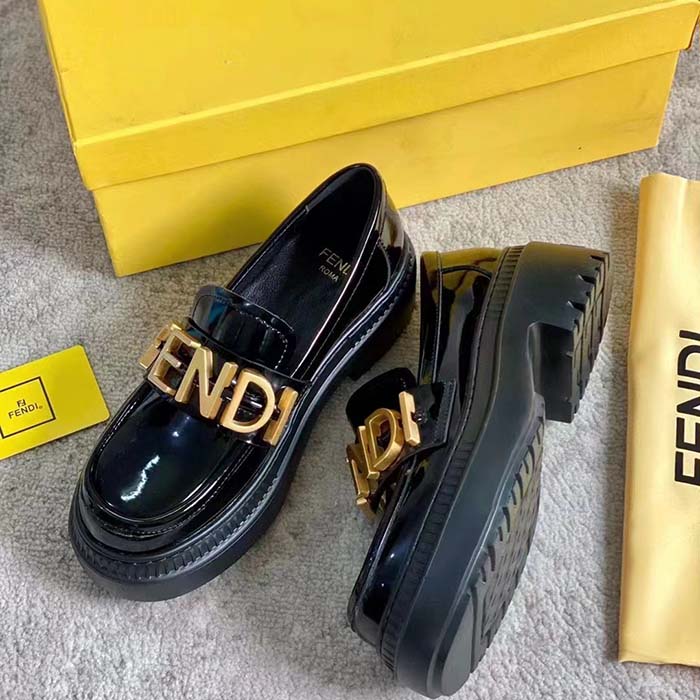 Fendi Women FF Fendigraphy Black Leather Loafers 5 Cm Heel