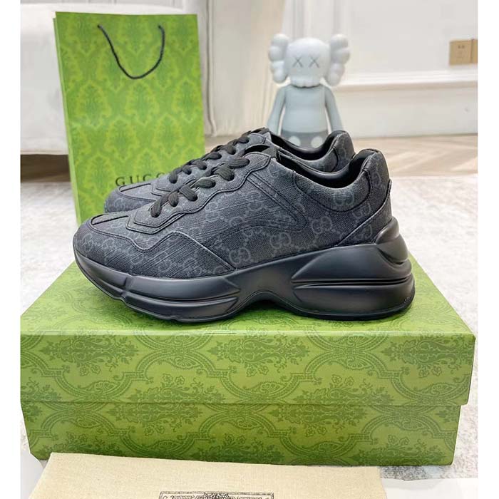 Gucci Unisex GG Rhyton Sneaker Black Supreme Canvas Rubber Lace-Up Mid Heel