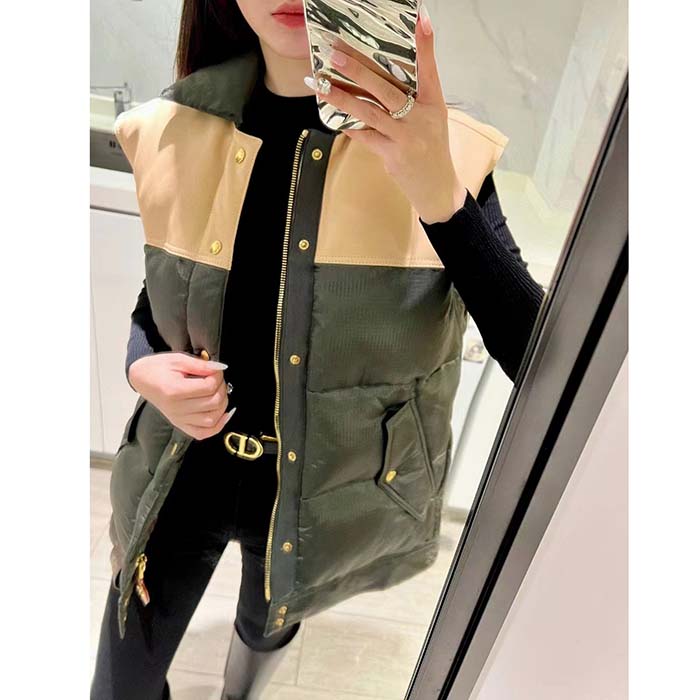 Louis Vuitton LV Women Leather Accent Sleeveless Puffer Jacket Khaki Beige Regular Fit
