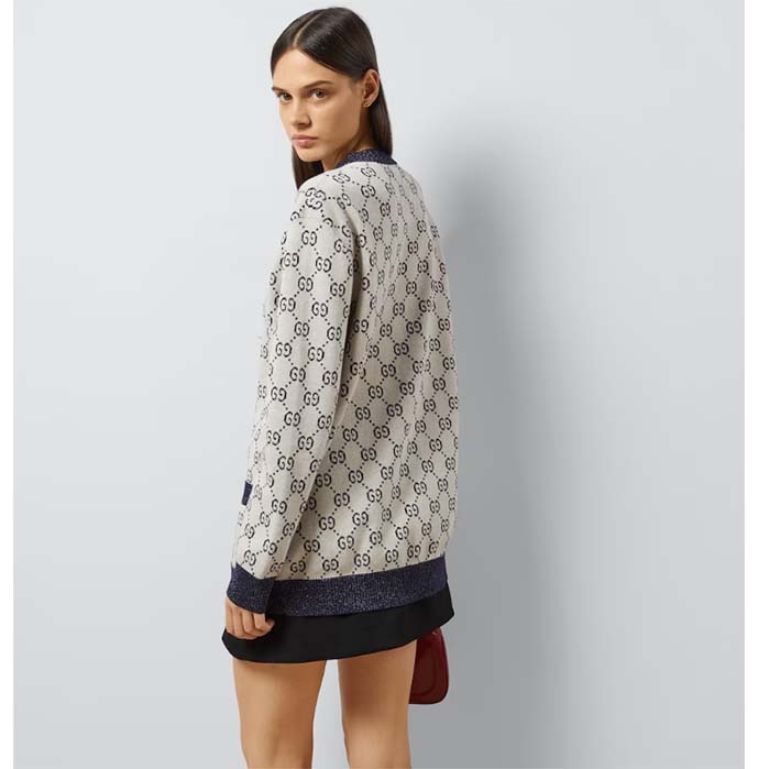 Gucci Women GG Cotton Jacquard Cardigan V-Neck Two Front Pockets