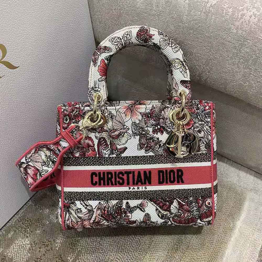 Dior Women Medium Lady D-lite Bag Multicolor Butterfly Embroidery