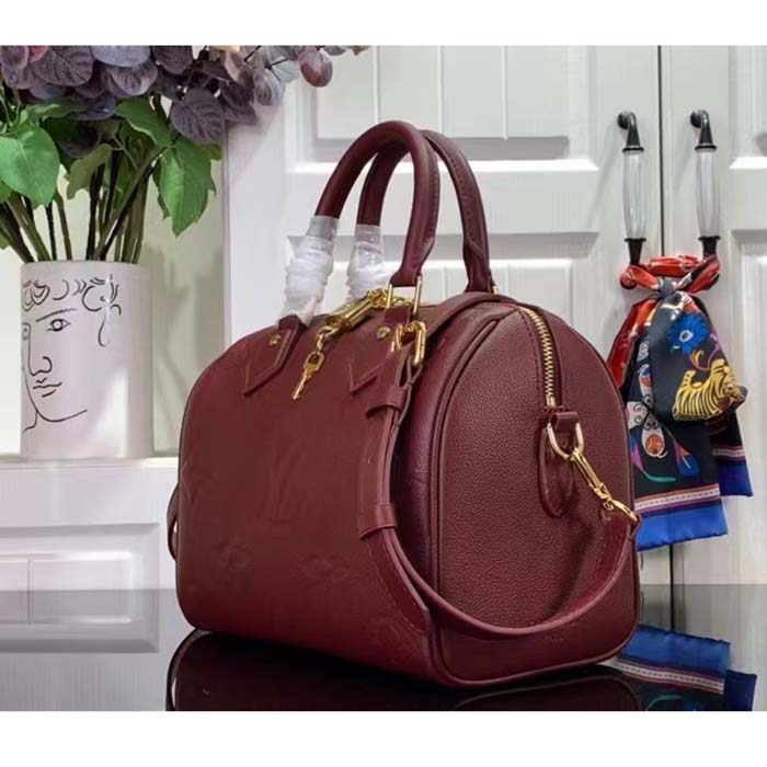 Louis Vuitton LV Women Speedy Bandoulière 25 Wine Red Monogram Empreinte Embossed Grained Cowhide Leather