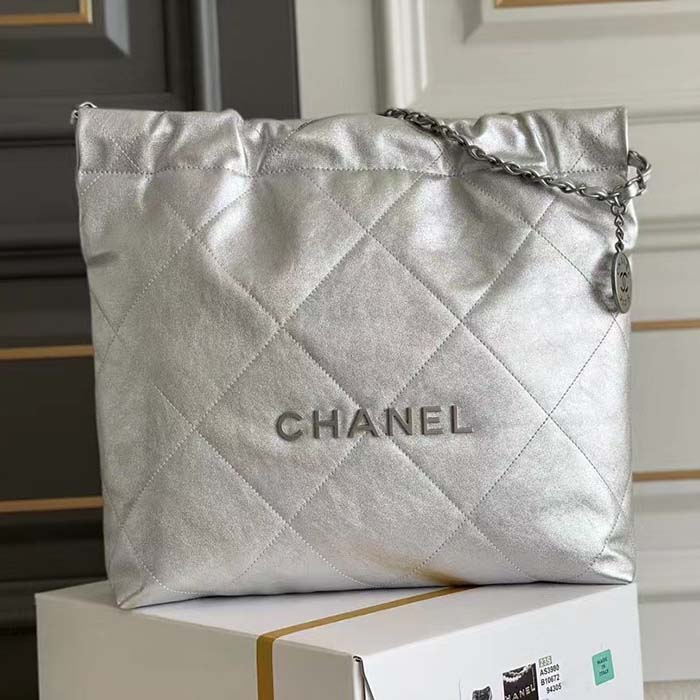 Chanel Women CC 22 Handbag Metallic Calfskin Silver-Tone Metal Silver