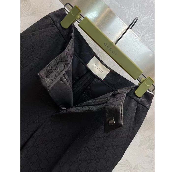 Gucci Women GG Wool Jacquard Pant Black Fitted Waistband Four Pleats Wide Leg