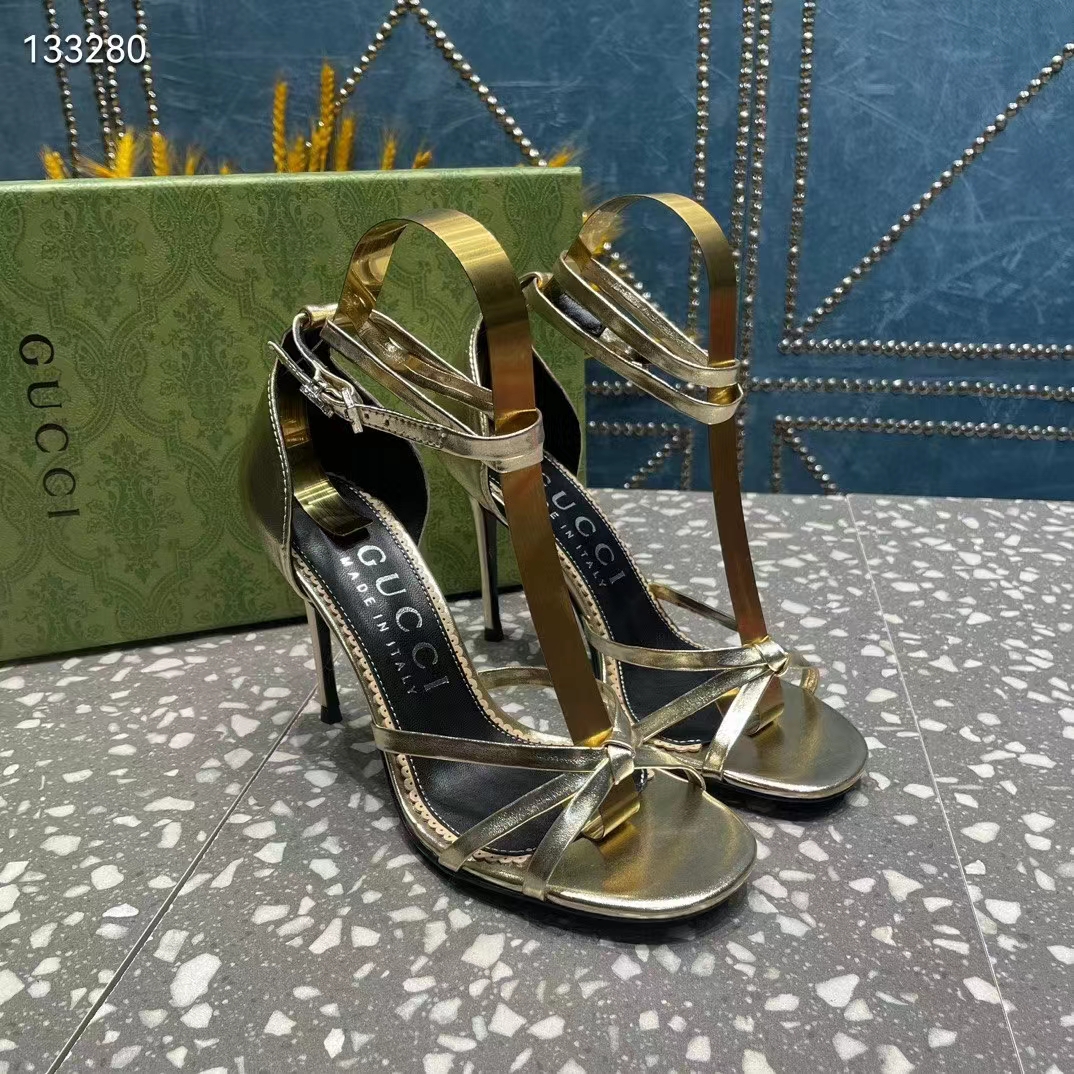 Gucci Women GG Strappy Sandal Double G Metallic Platinum Leather Crystal High 11 CM Heel