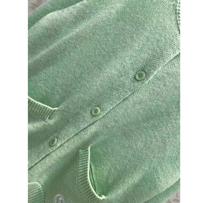Gucci Women GG Fine Cashmere Cardigan Interlocking G Light Green Crewneck Long Sleeves