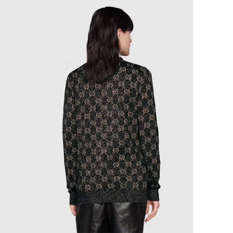 Gucci Women Lamé GG Jacquard Cardigan Black Beige Fine Cotton