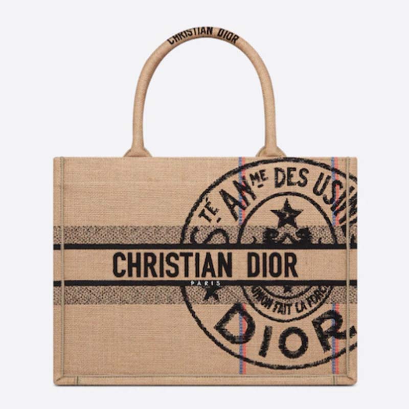 Dior Unisex CD Medium Book Tote Beige Jute Canvas Embroidered Union Motif