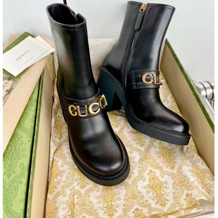 Gucci Women GG Gucci Boot Black Leather Script Rubber Sole Side Zip Closure Mid-Heel