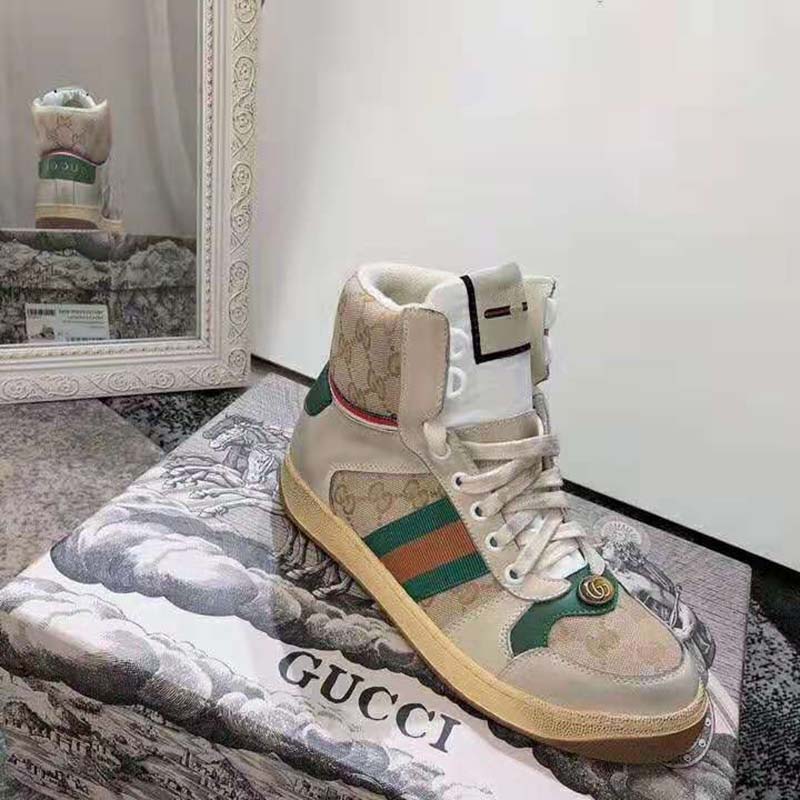 Gucci Unisex Screener GG High-Top Sneaker in Beige Original GG Canvas and Leather