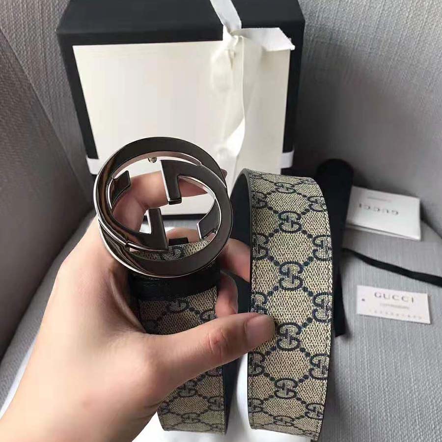 Gucci Unisex GG Supreme Belt with G Buckle in Beige/Blue GG Supreme Canvas