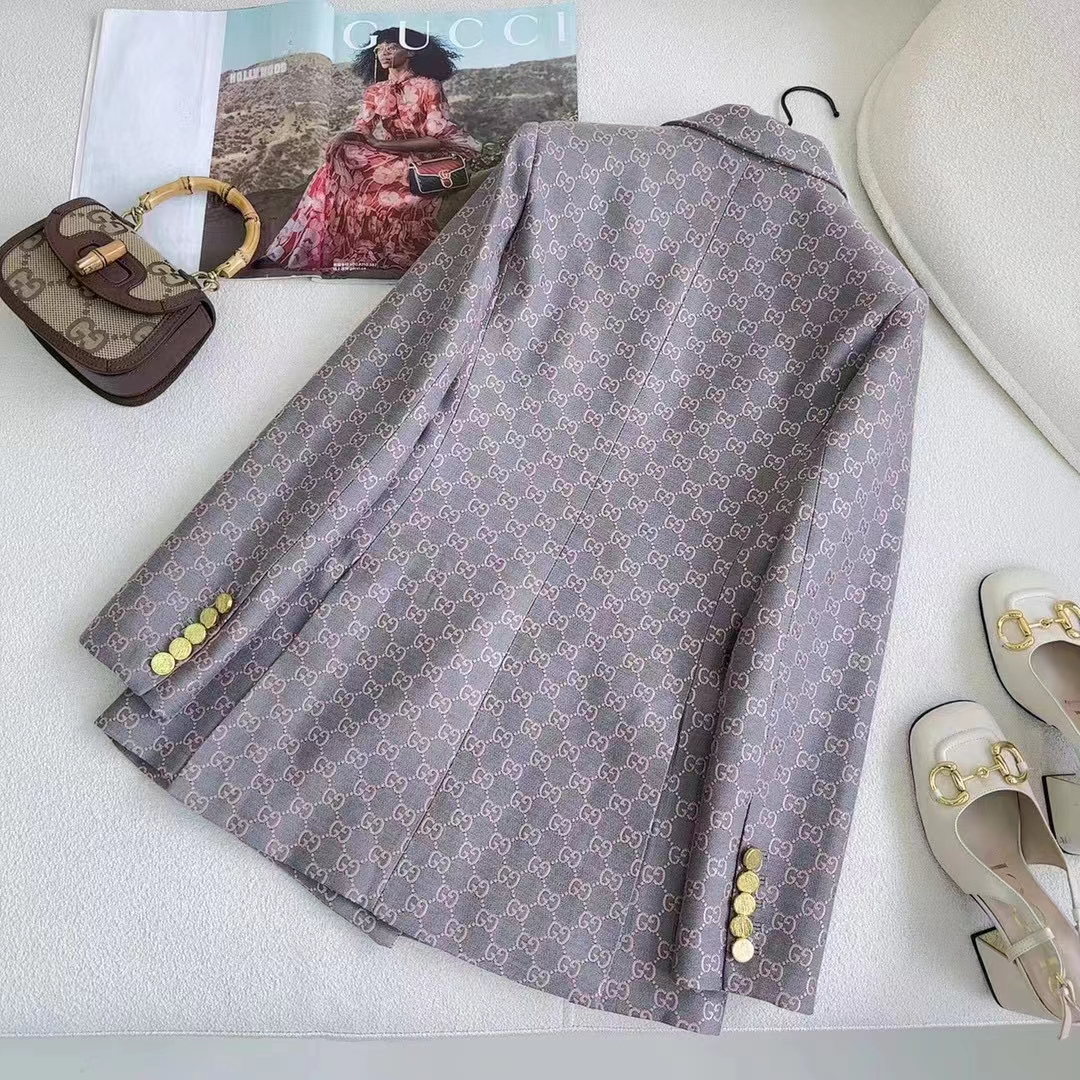 Gucci Women GG Cotton Canvas Jacket Grey Pink Lined Point Revers Double Breasted Fitted Waist